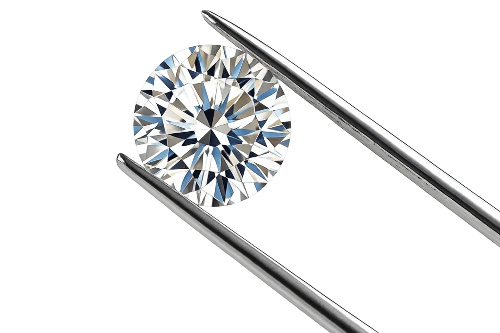 Round brilliant diamond held in tweezers — Kether Diamonds