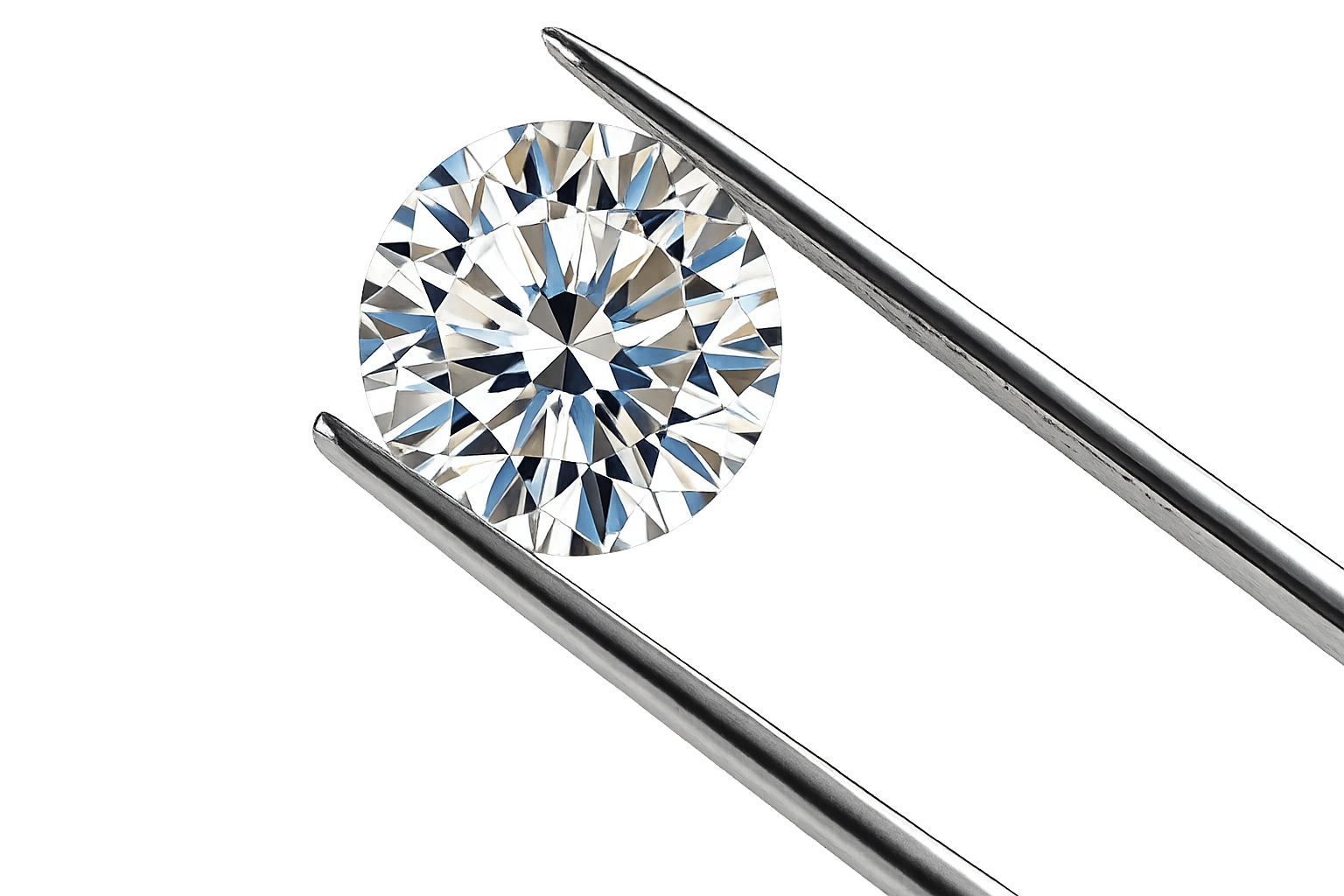 Round brilliant diamond held in tweezers — Kether Diamonds